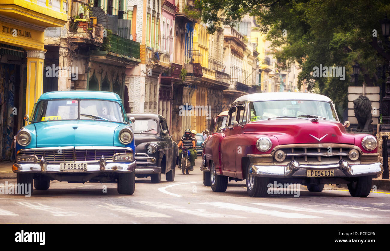 Auto storiche nella scena di strada, Old American street cruiser sulle strade di l'Avana, taxi, La Habana, Havana, La Habana, Cuba, Cuba Foto Stock