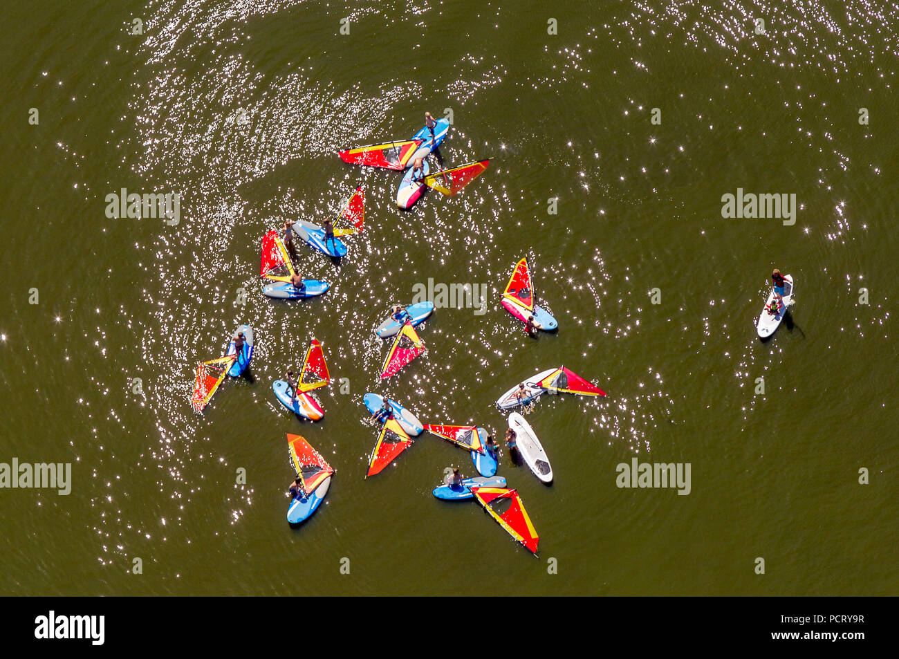 Foto aerea, tavole da surf, scuola di windsurf, Lembruch, Lago di Dümmer, Nord tedesco Plain, fiume Hunte, Hude (Oldenburg), Bassa Sassonia, Germania, Europa Foto Stock