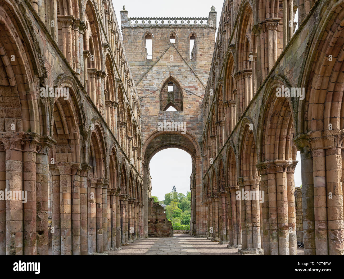 Vista in rovine di Jedburgh Abbey a Scottish Borders. Foto Stock