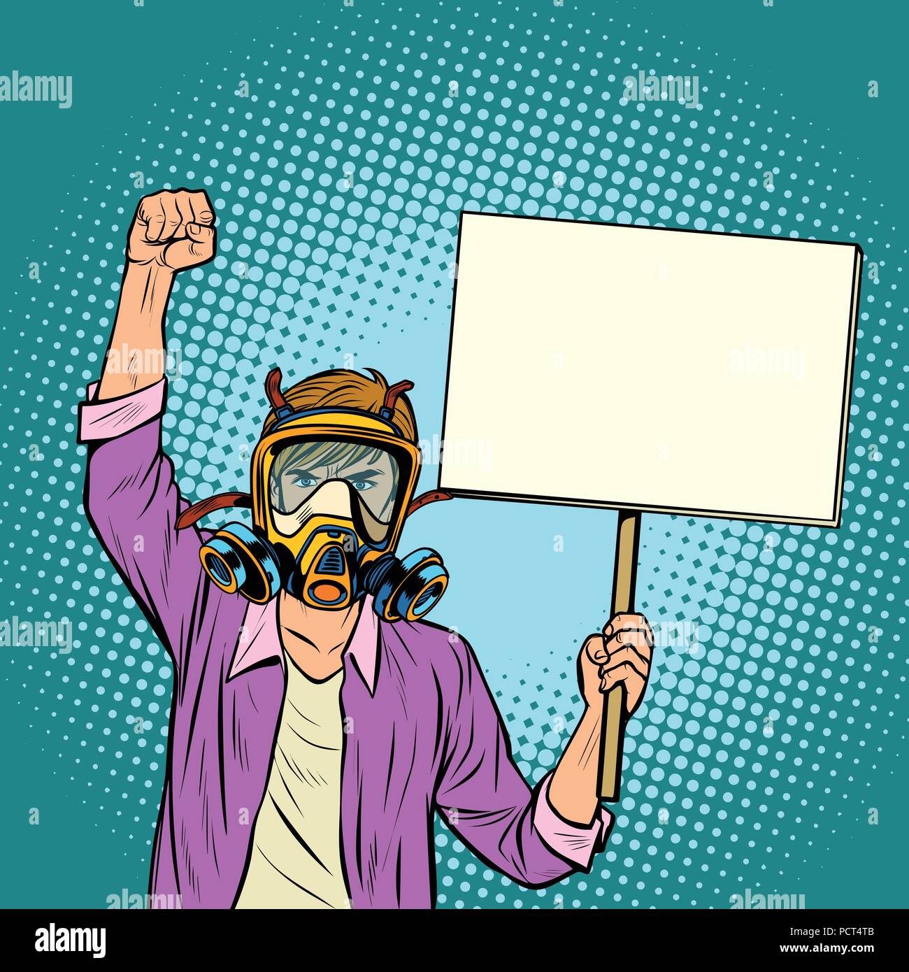 Un uomo in una maschera a gas per protestare contro l'aria inquinata. Ambiente Illustrazione Vettoriale