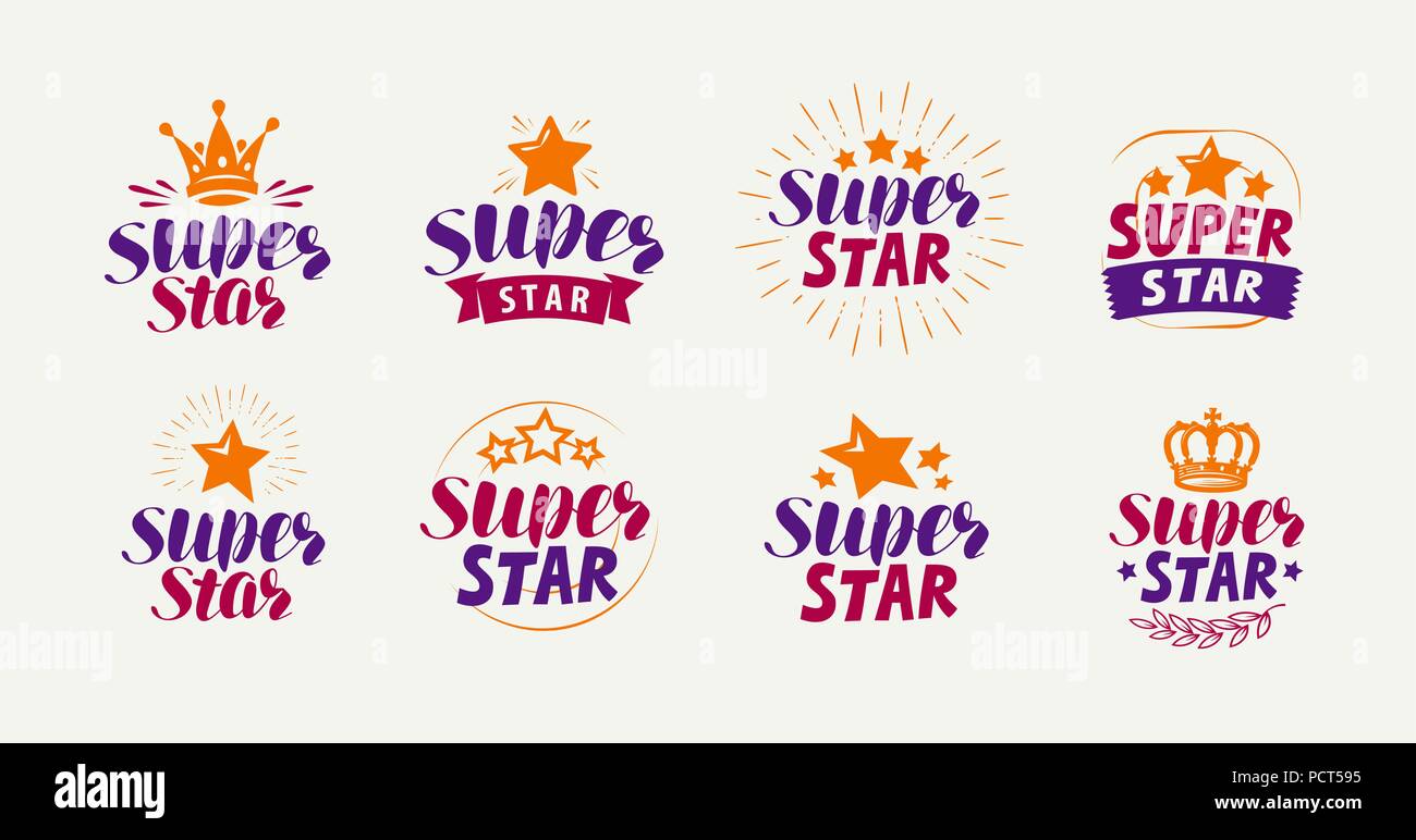 Super star, set di loghi o etichette. La popolarità, simbolo di fama. Vettore di caratteri Illustrazione Vettoriale
