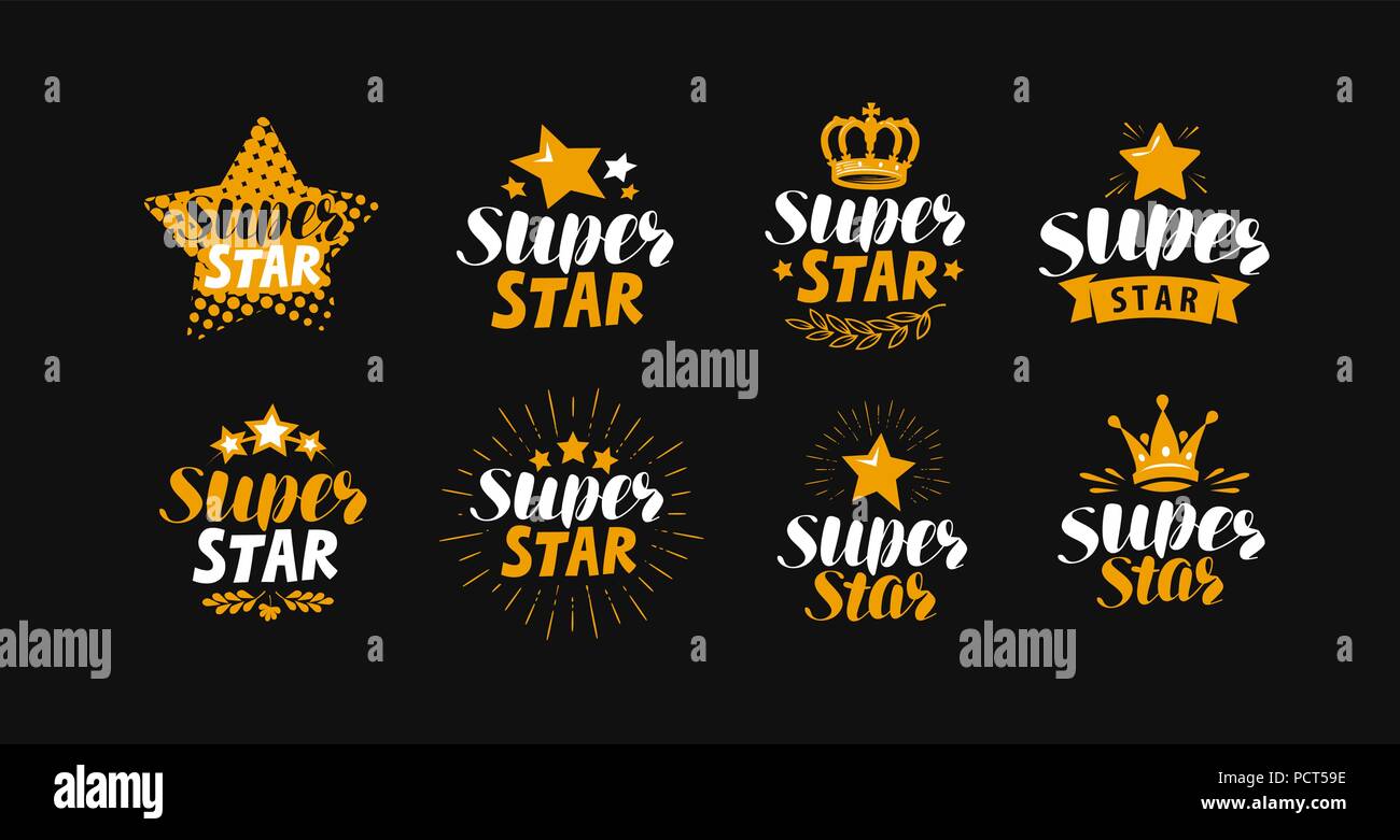 Super star, set di etichette o logo. Lettering illustrazione vettoriale Illustrazione Vettoriale