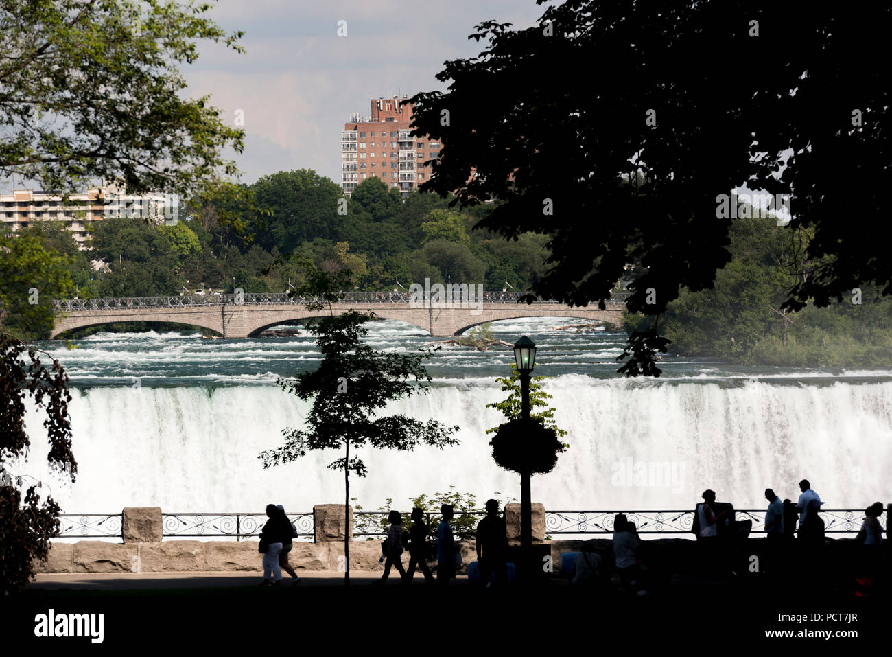 Niagara Falls, NY, STATI UNITI D'AMERICA. Parte superiore delle Cascate Americane in estate come visto da un lato canadese lookout, silhouette in primo piano. Foto Stock