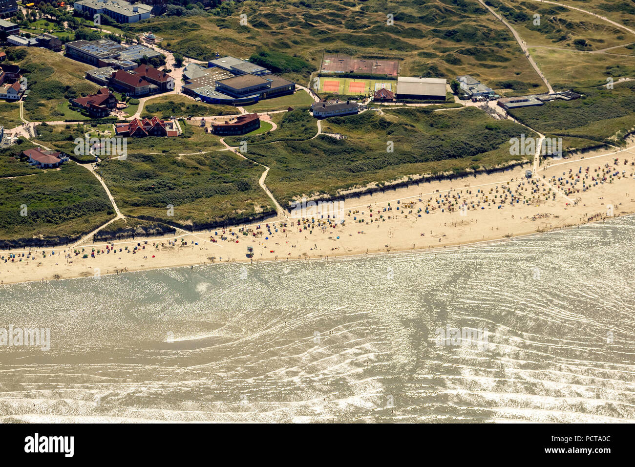 Spiaggia di sabbia, foto aerea, Langeoog, Mare del Nord, isola del Mare del Nord, Est Isole Frisone, Bassa Sassonia, Germania Foto Stock