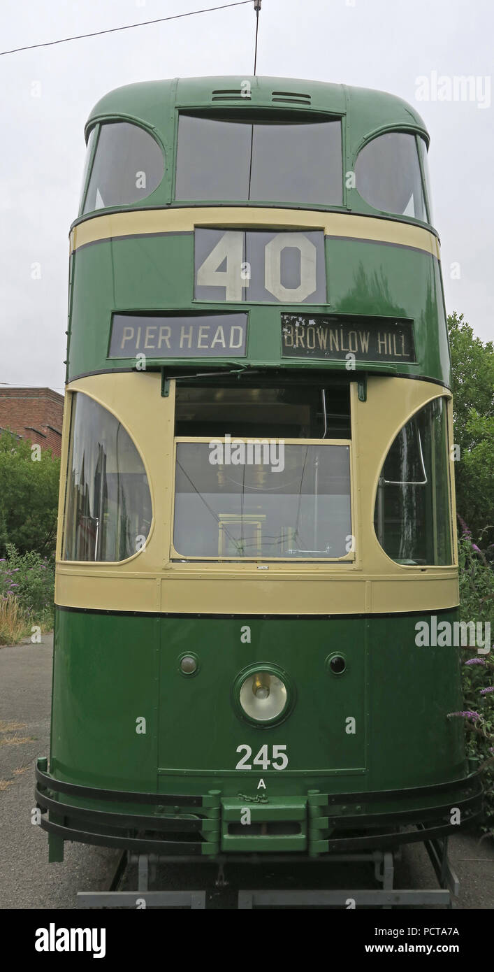 Wirral pubblico Tram, Crema Verde Pierhead Brownlow hill tram, Merseyside, North West England, Regno Unito Foto Stock