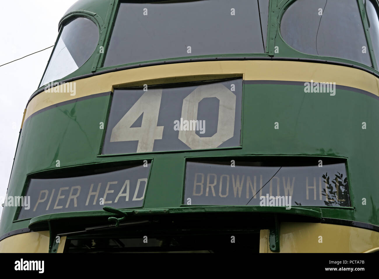 Wirral pubblico Tram, Crema Verde Pierhead Brownlow hill tram, Merseyside, North West England, Regno Unito Foto Stock
