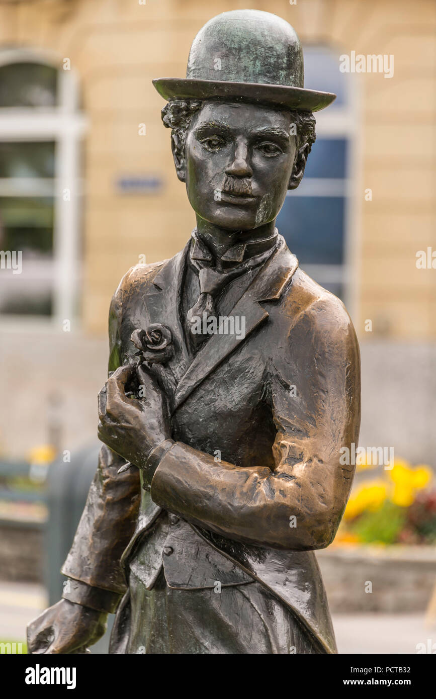 Charlie Chaplin statua, Vevey, sul Lago di Ginevra, nel Cantone di Vaud, Svizzera Foto Stock