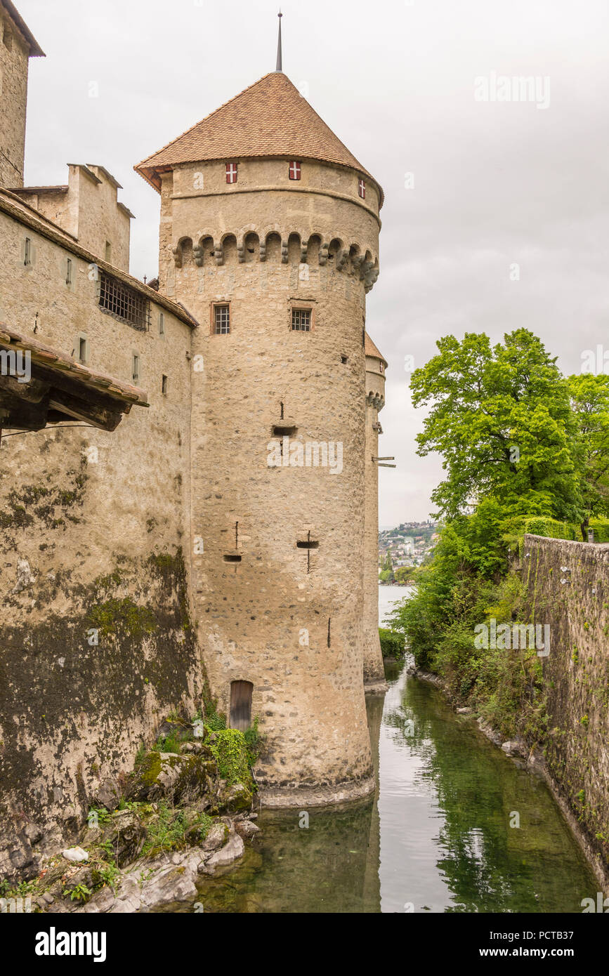Castello di Chillon Veytaux, vicino a Montreux, sul Lago di Ginevra, nel cantone di Vaud, Svizzera Foto Stock