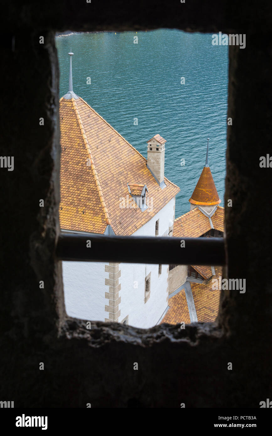 Castello di Chillon Veytaux, vicino a Montreux, sul Lago di Ginevra, nel cantone di Vaud, Svizzera Foto Stock