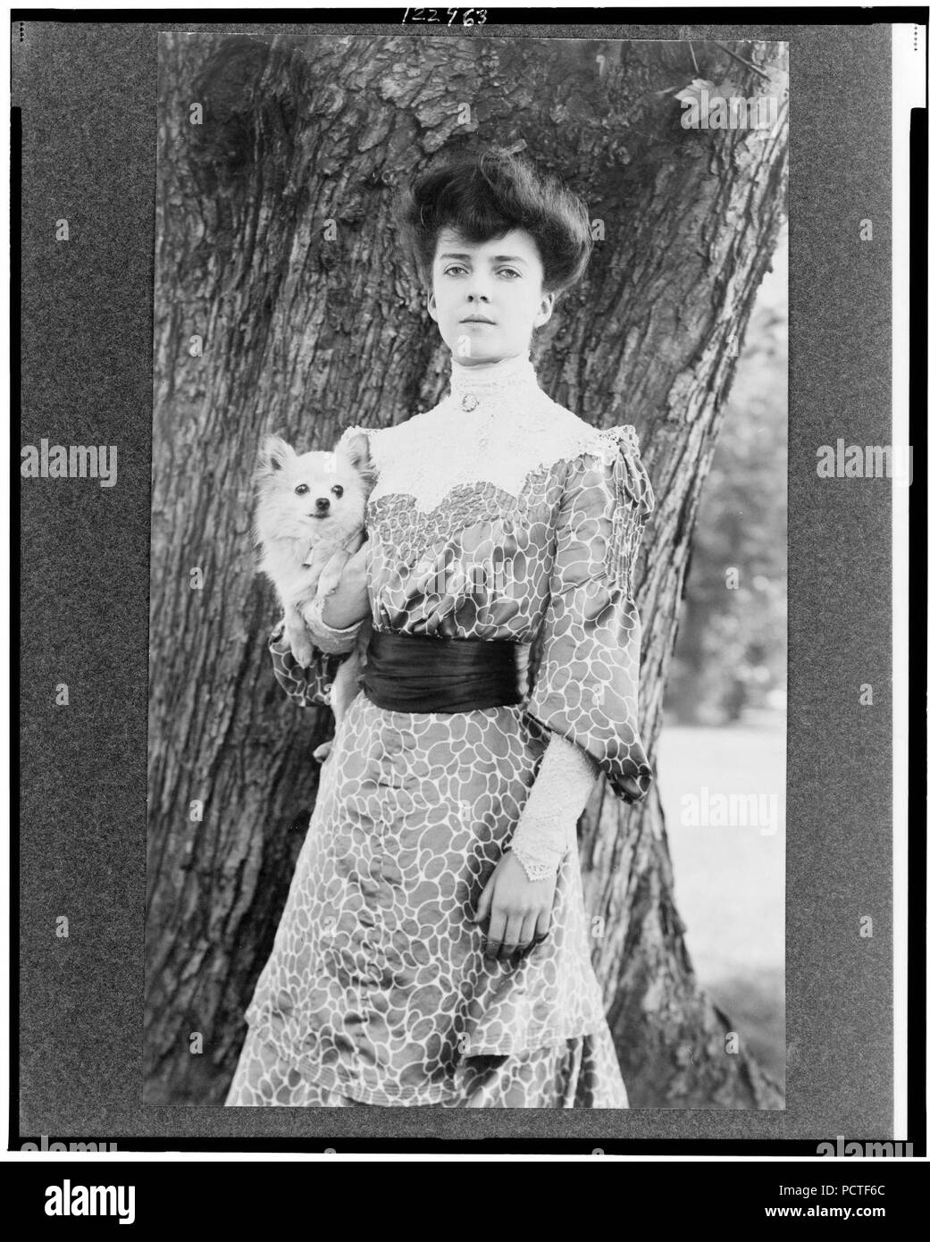 Alice Roosevelt Longworth, tre quarti di lunghezza verticale, in piedi di fronte ad albero, leggermente rivolta verso sinistra, tenere premuto un cane di piccola taglia Foto Stock