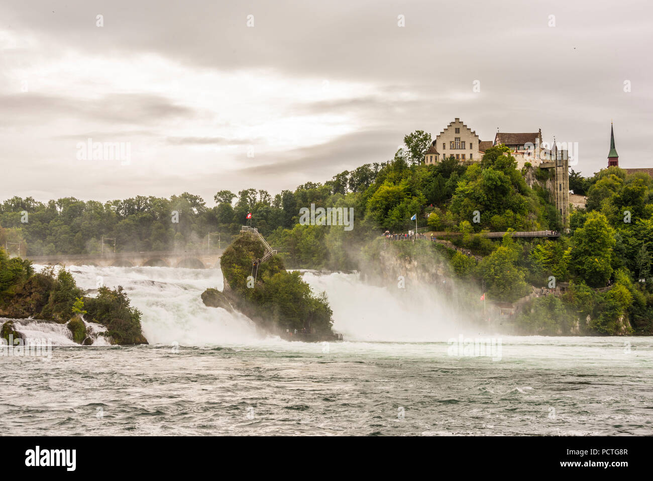 Vista sulle Cascate del Reno e Cascate del Reno rock al Castello Laufen, vicino Schaffhausen, Svizzera Foto Stock