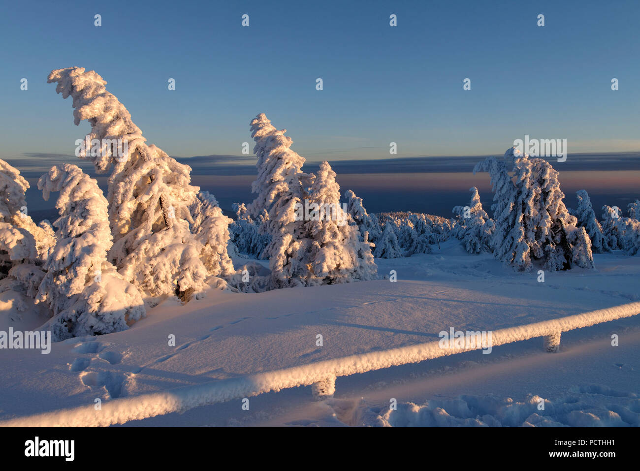 Paesaggio Innevato al vertice del Brocken (1142m) nella luce della sera, Harz, Sassonia-Anhalt, Germania Foto Stock