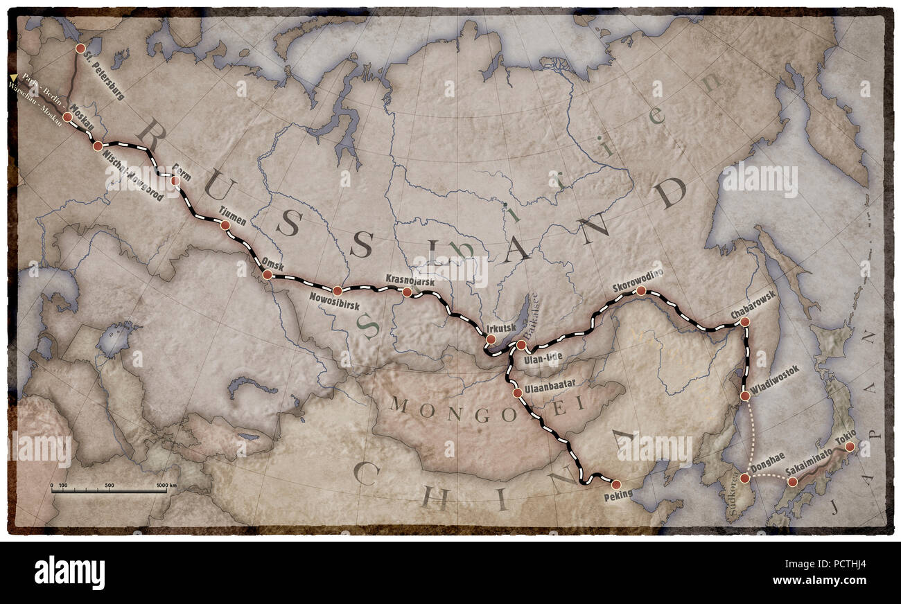 Mappa del Nord e Asia centrale, Trans-Siberian Railway, grafica RailArt Foto Stock