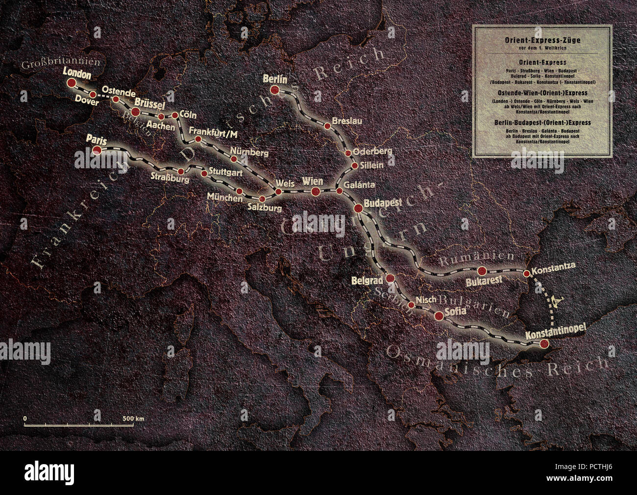 Orient Express, Mappa, ferrovie, grafica RailArt Foto Stock