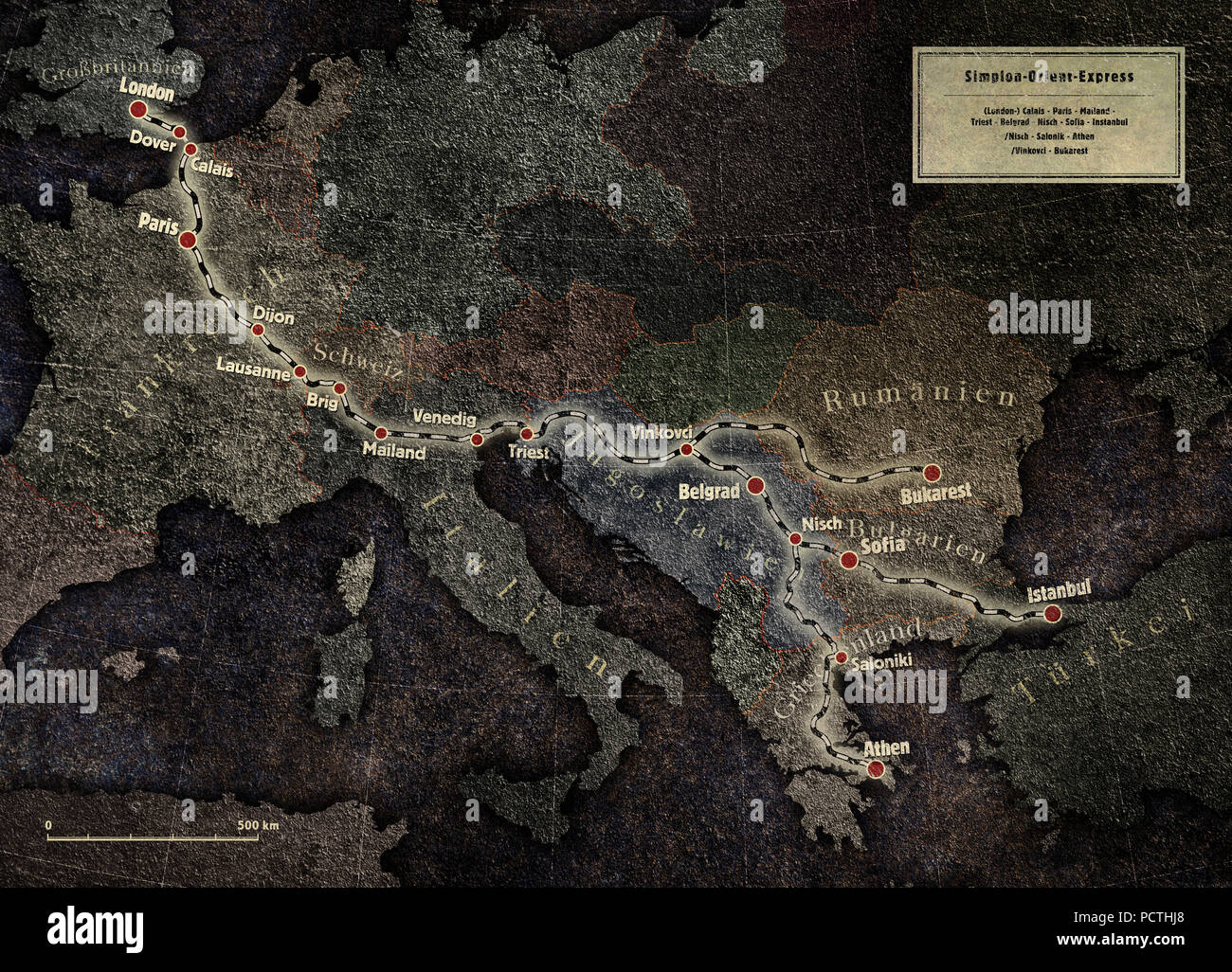 Simplon-Orient Express, Mappa, ferrovie, grafica RailArt Foto Stock