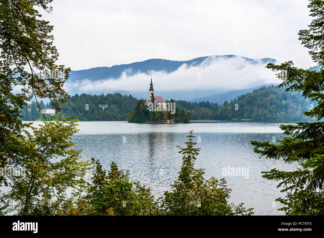 Lago di Bled, Slovenia. Lago di montagna con la piccola isola e chiesa inquadrata con foglie di albero. Montagne sullo sfondo. Foto Stock