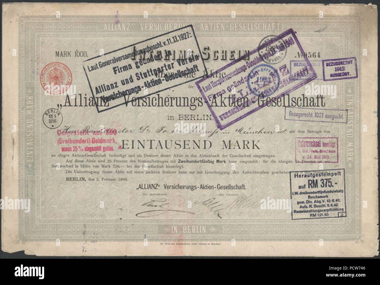 Allianz Versicherungs-AG 1000 MK 1890. Foto Stock