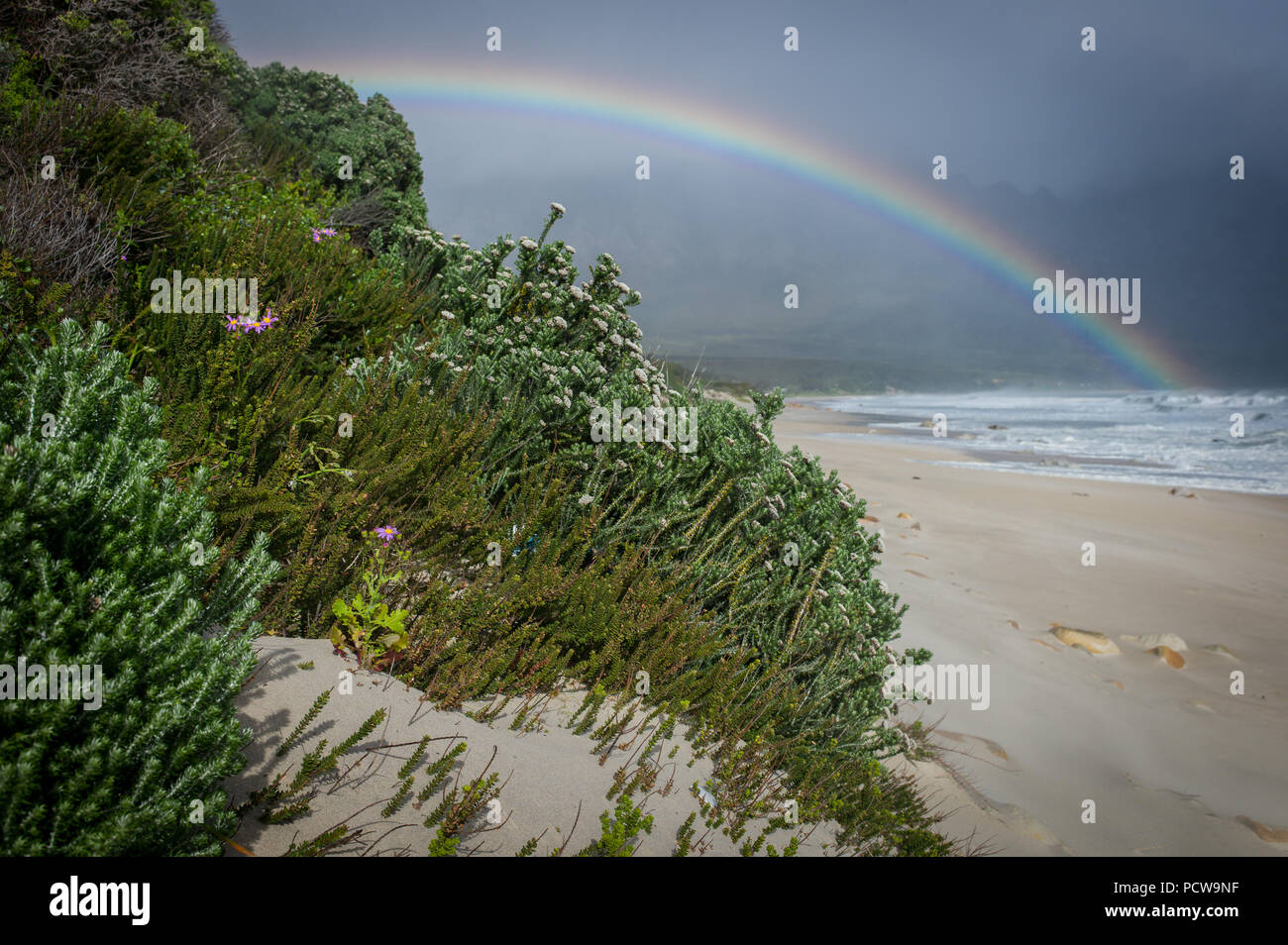 Vista panoramica di rainbow sulla spiaggia sabbiosa di Kogel Bay, Provincia del Capo Occidentale, Sud Africa. Foto Stock