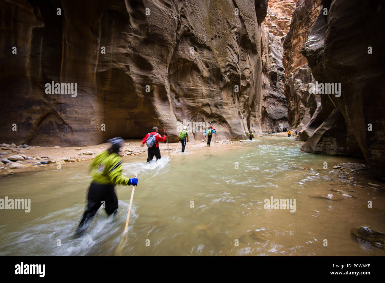 Escursioni al Parco Nazionale Zion il famoso canyon slot, si restringe in inverno richiede un dry suit e vestiti caldi. È molto meno affollato in estate. Foto Stock