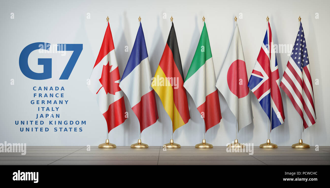 Vertice G7 o concetto di incontro. Fila da bandiere di membri del G7 Gruppo dei sette e l'elenco dei paesi, 3d illustrazione Foto Stock