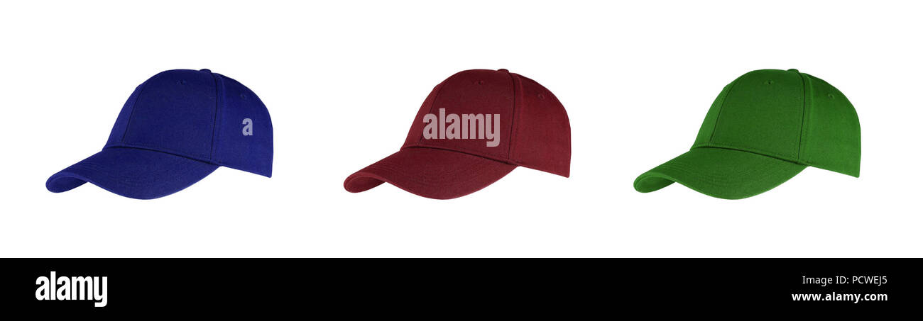 Colorati cappelli da baseball - su uno sfondo bianco. Praticare sport alla moda Cappelli con visiera. Foto Stock