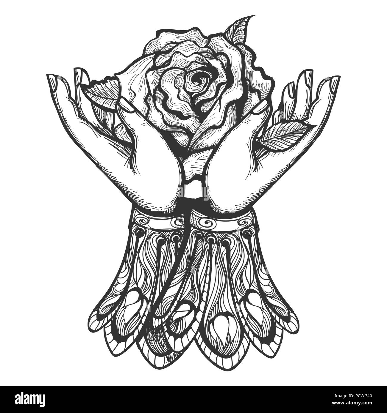 Le mani umane tenendo rose fiore disegnato in Dark romance Tattoo stile. Illustrazione Vettoriale. Illustrazione Vettoriale