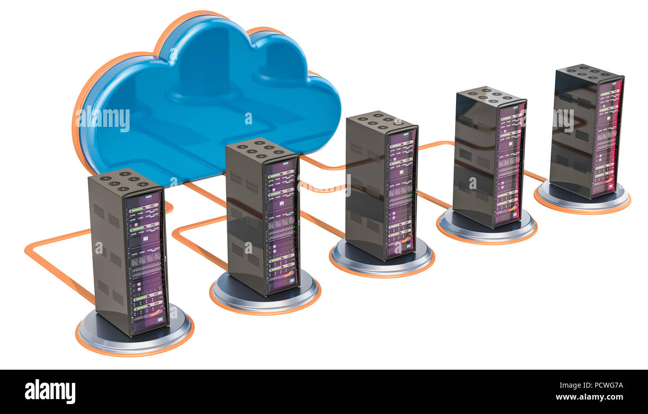 Connessione a Internet concetto. Computer cloud con rack per server, rendering 3D Foto Stock