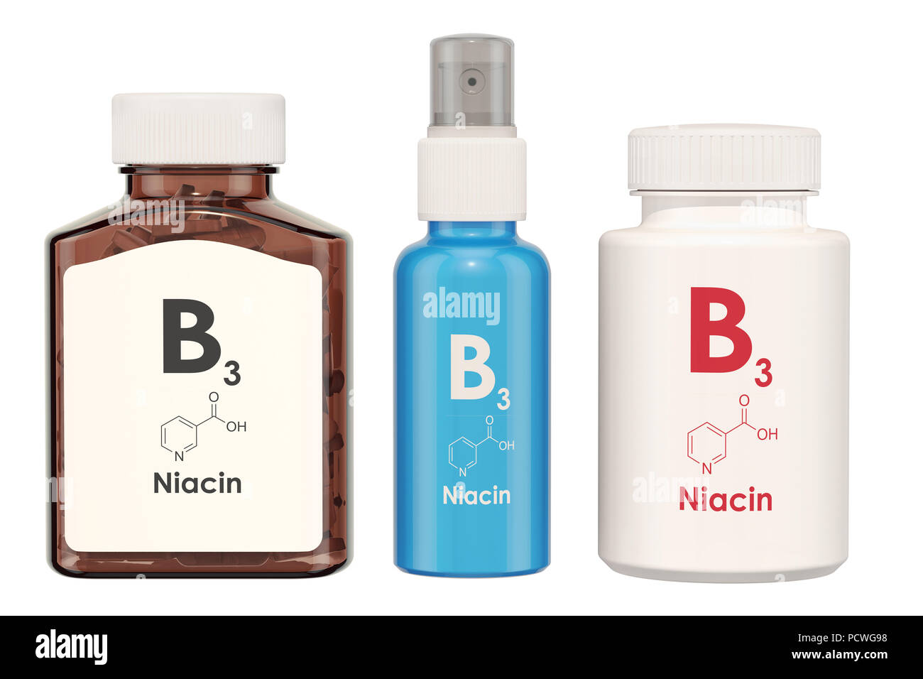 La vitamina B3, tiamina. Bottiglie di medica con le pillole e la bottiglia spray, rendering 3D isolati su sfondo bianco Foto Stock
