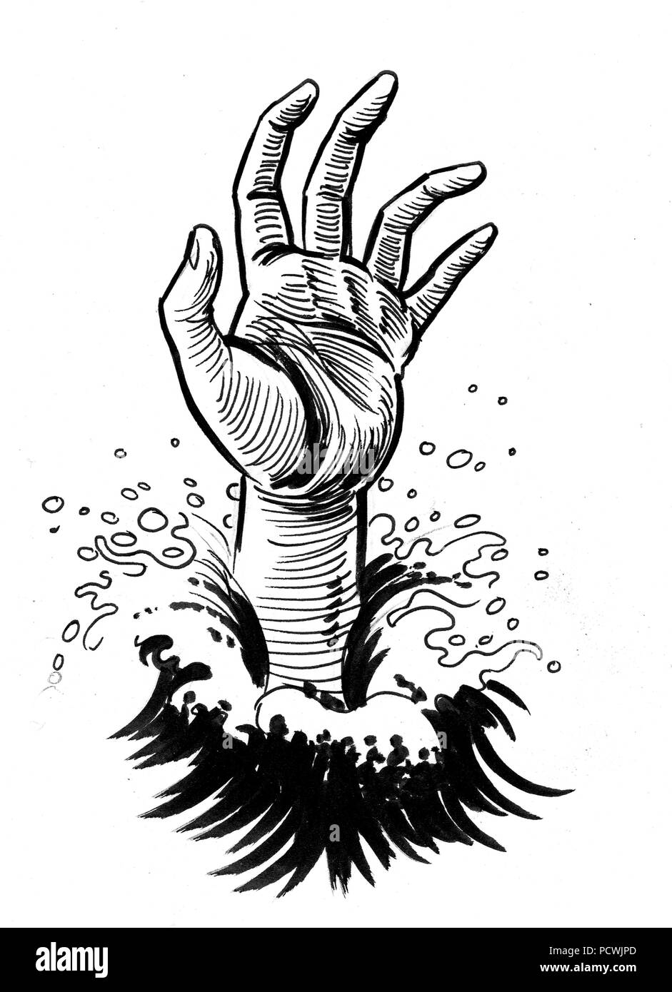 Mano di annegamento in acqua. L'inchiostro bianco e nero illustrazione Foto Stock