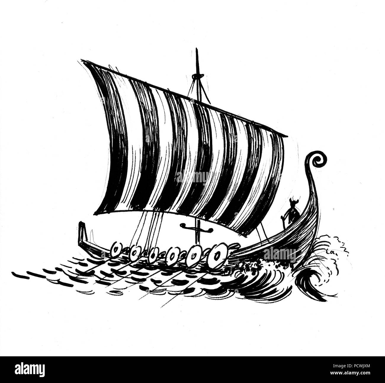 Antica nave vichinga in mare. L'inchiostro bianco e nero disegno Foto Stock