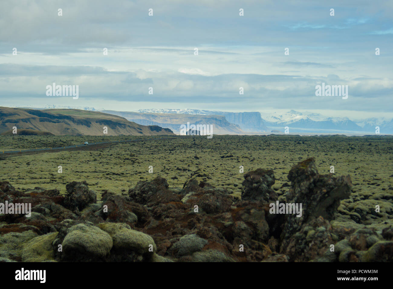 Islanda paesaggio naturale. Piccolo villaggio, rocce, muschio e acqua Foto Stock