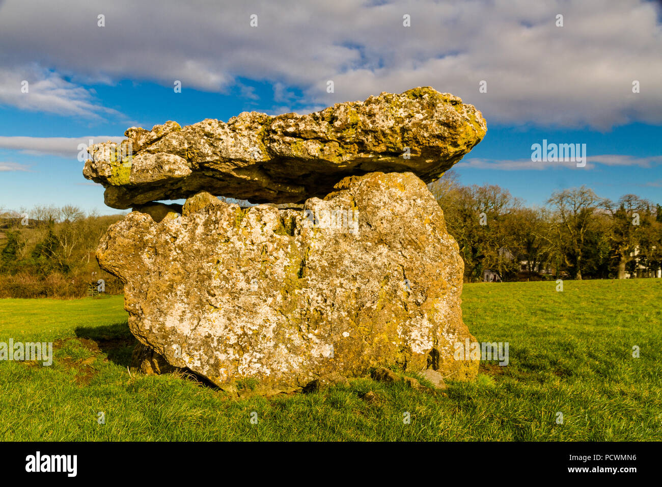 St Lythans sepoltura camera, chiamato anche gwal-y-filiast, lungo chambered cairn. Galles del Sud, Regno Unito. Foto Stock