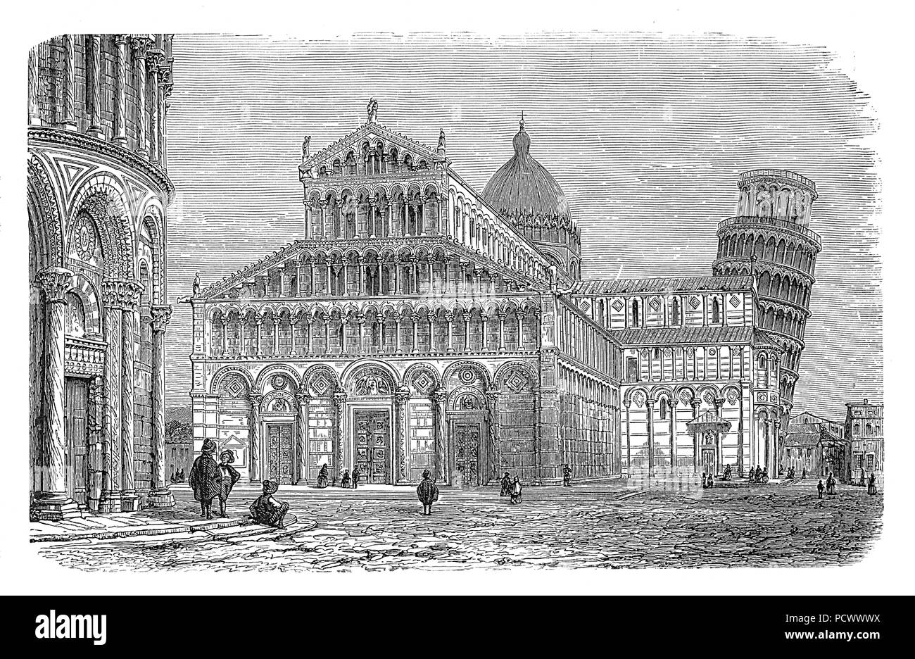 Incisione vintage del duomo di Pisa con la torre pendente in Piazza dei Miracoli a Pisa, Italia. costruito nel XI secolo in stile romanico pisano con architettura bizantina e influssi islamici. Foto Stock