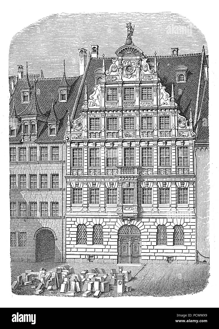 Peller House di Norimberga, costruita nel 1602-07 in stile rinascimentale, vintage incisione. Danneggiato durante la Seconda Guerra Mondiale e ricostruita con una facciata moderna. Foto Stock