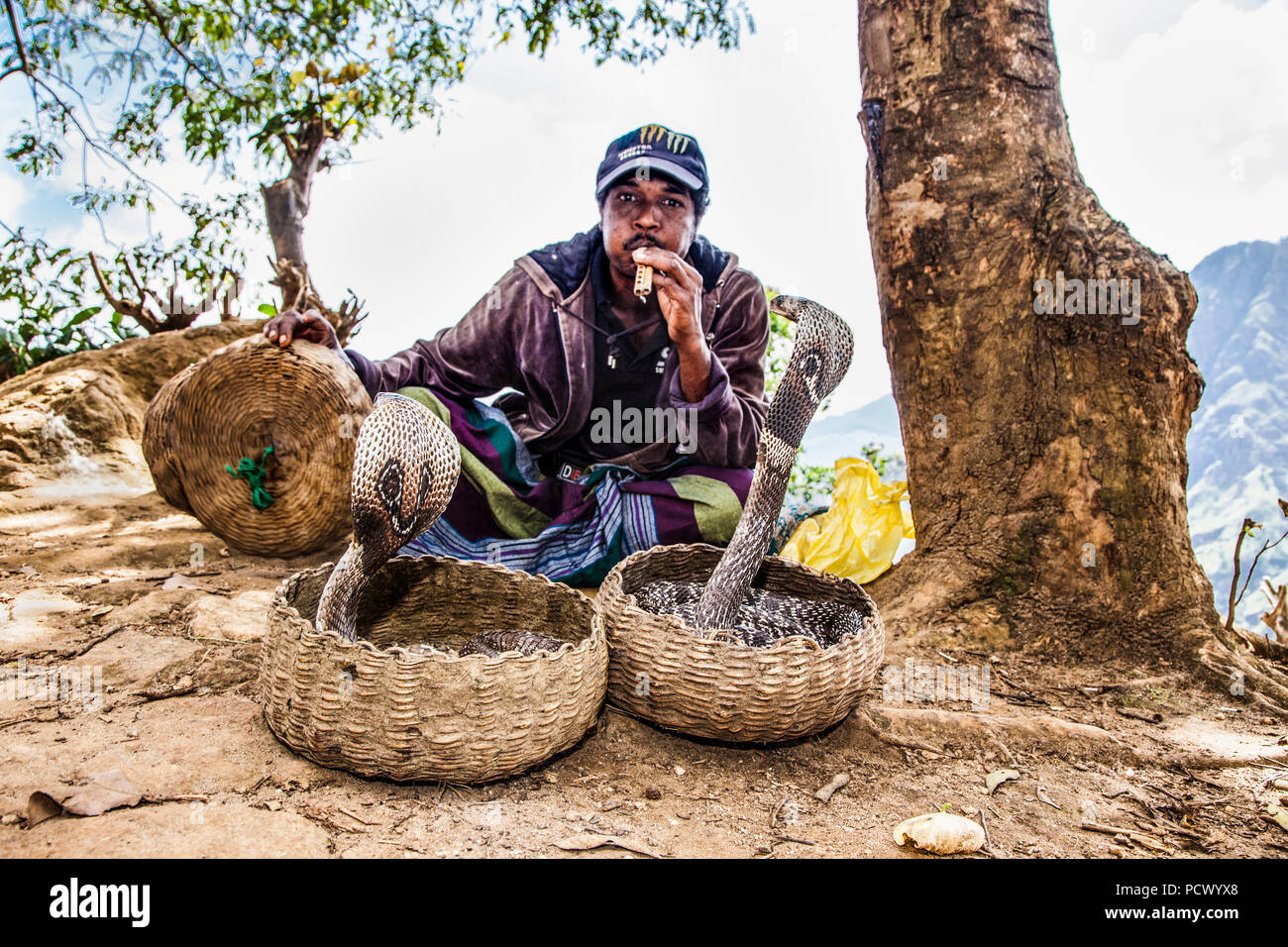 ELLA, SRI LANKA-DEC 30, 2016: Snake incantatore con cobra in Ella sul dicembre 30, 2016 Lo Sri Lanka Foto Stock