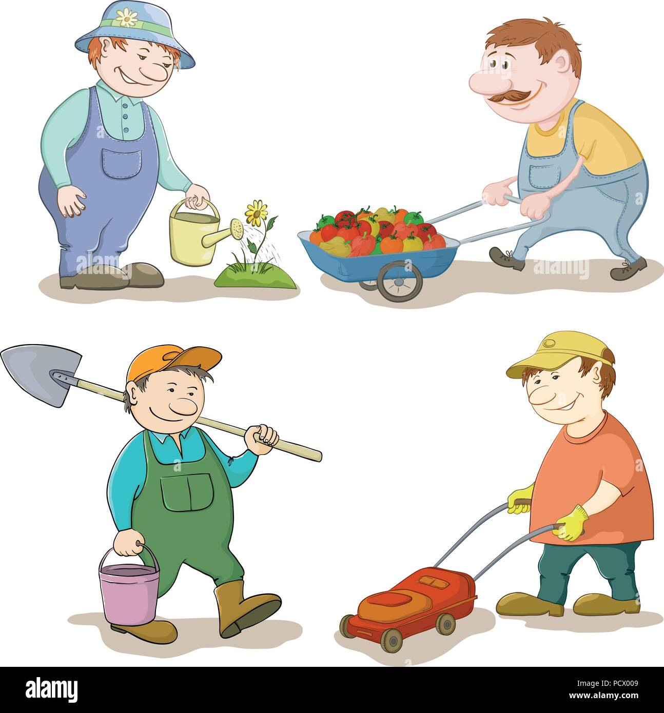 Cartoon giardinieri lavoro: abbeveraggio un fiore, porta il trolley con verdure, con un cucchiaio e spade con un tosaerba. Illustrazione Vettoriale Illustrazione Vettoriale