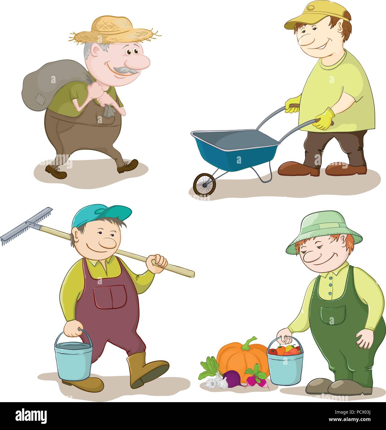Cartoon giardinieri Lavoro, porta un sacco porta Carrello Vuoto, porta una benna e un rastrello, con la raccolta delle verdure. Vettore Illustrazione Vettoriale
