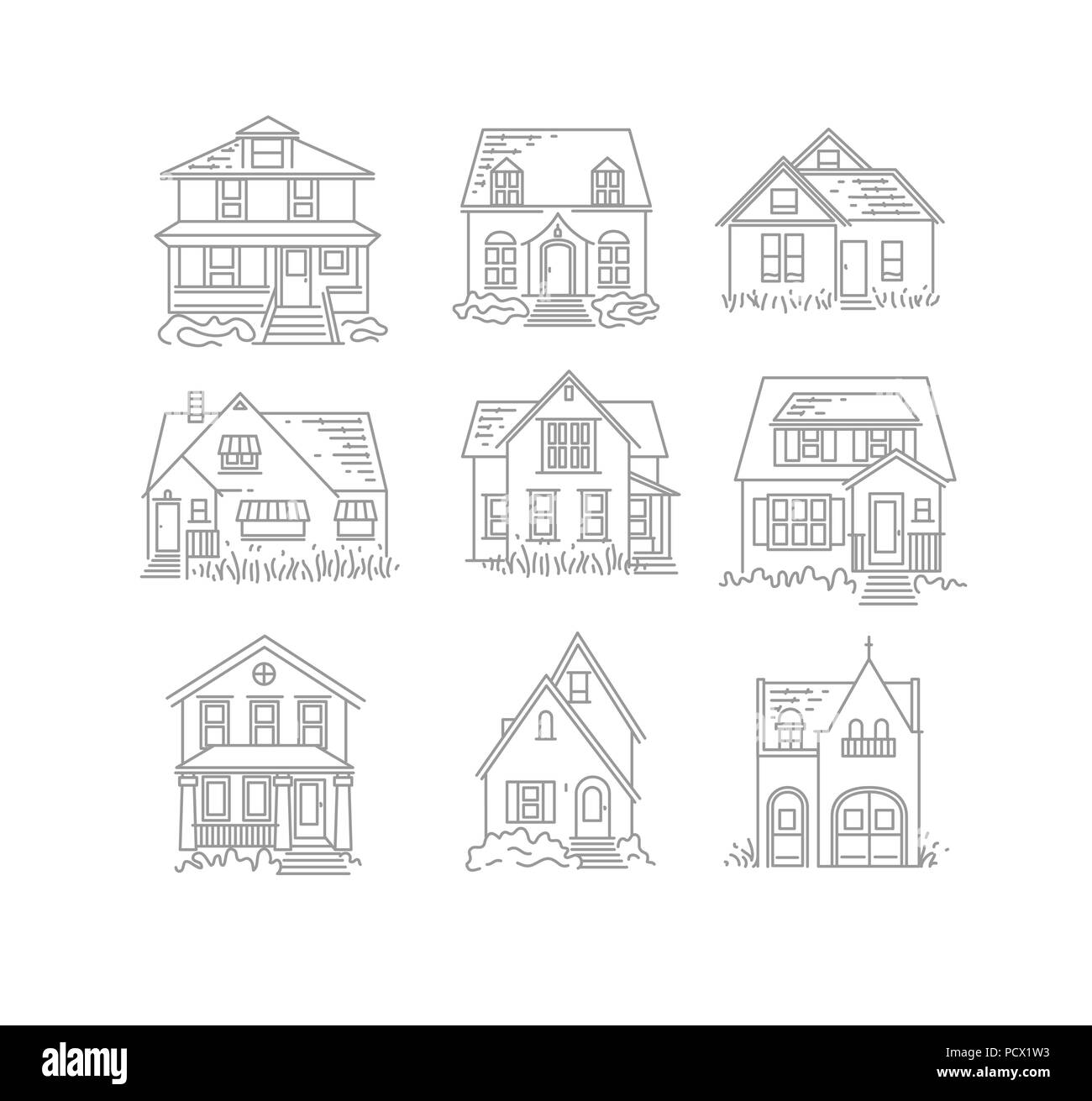 Set di casa forme diverse icone disegno in stile appartamento su sfondo bianco Illustrazione Vettoriale