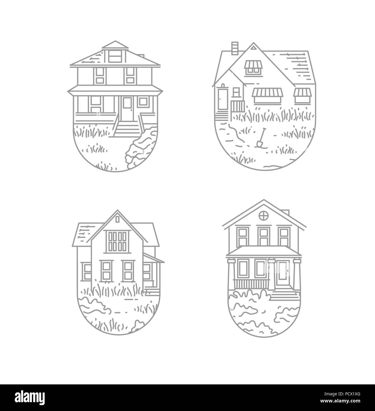 Set di casa distintivi differenti forme di disegno in stile piatto su sfondo bianco Illustrazione Vettoriale