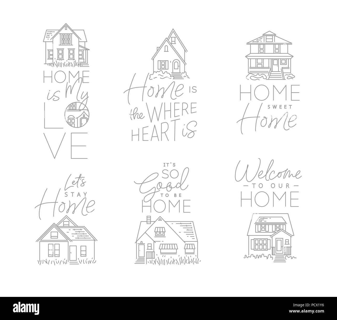 Set di casa segni differenti forme con caratteri di disegno in stile piatto su sfondo bianco Illustrazione Vettoriale