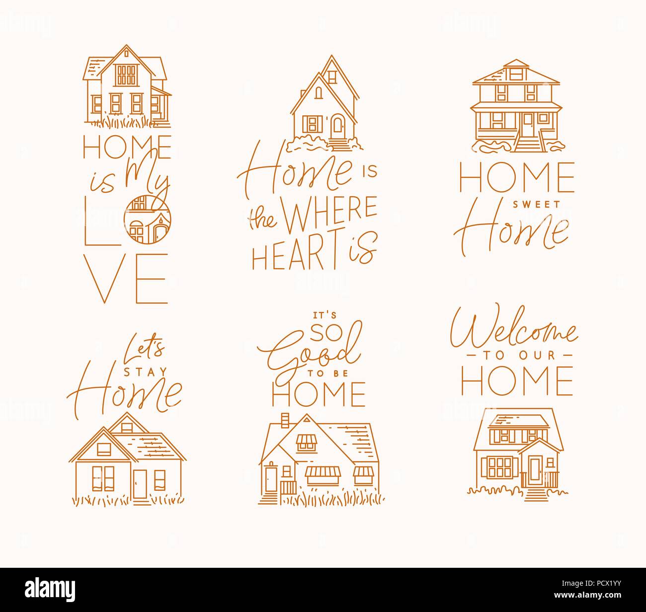 Set di casa segni differenti forme con caratteri di disegno in stile piatto su sfondo beige Illustrazione Vettoriale