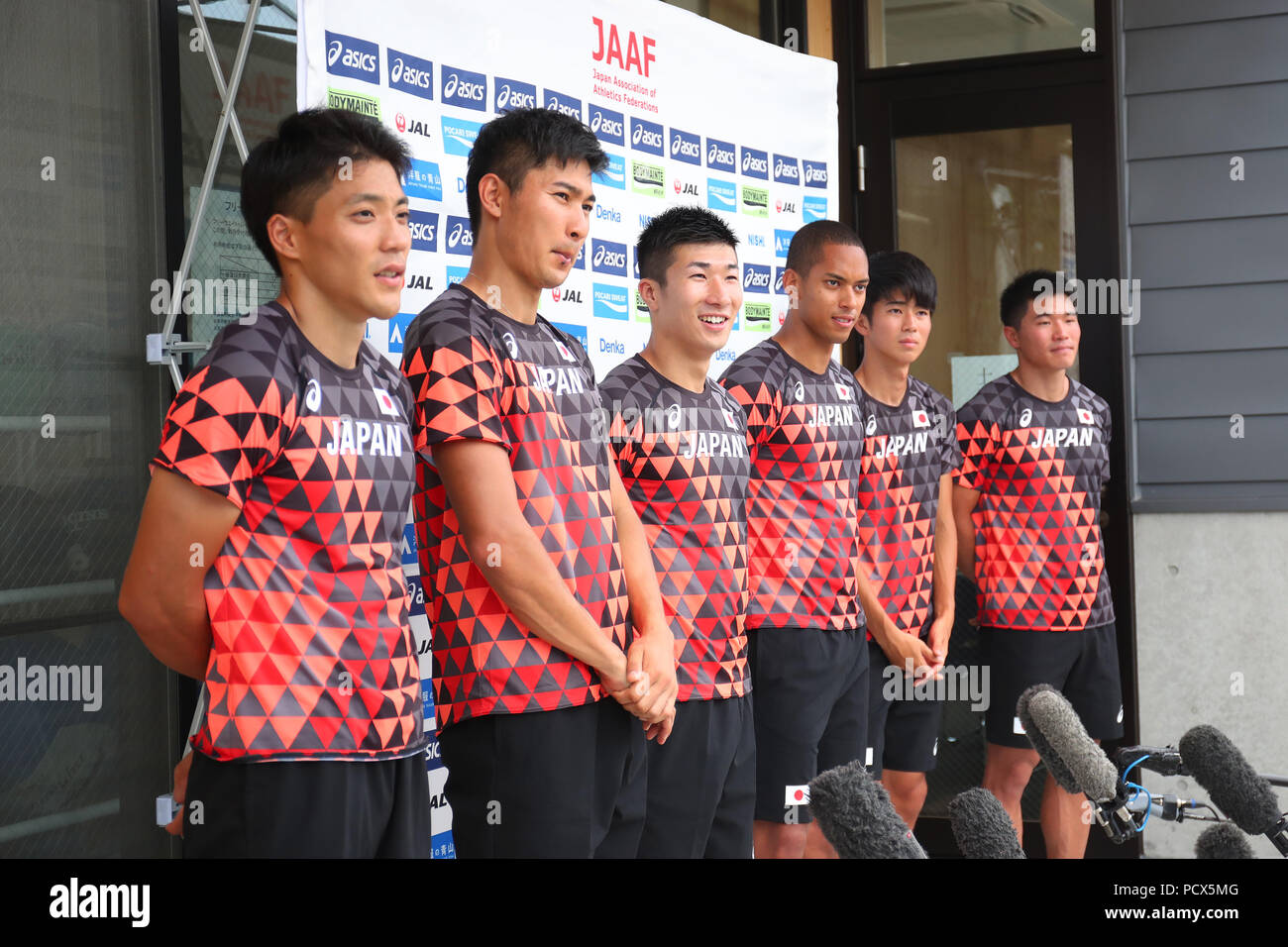 Yamanashi, Giappone. Il 3° agosto 2018. (L a R) Ryota Yamagata, Shota Iizuka, Ä/Yoshihide Kiryu, Aska Cambridge, Shuhei Tada, Yuki Koike (JPN) Atletica leggera : Giappone relè nazionale team training camp in Yamanashi, Giappone . Credito: YUTAKA AFLO/sport/Alamy Live News Foto Stock