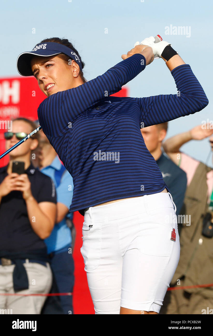 Lytham St Annes, Regno Unito, 4 agosto 2018. 4 agosto 2018, Royal Lytham &AMP; St Annes Golf Club, Lytham St Annes, Inghilterra; Ricoh Womens British Open di Golf, 3° round; Georgia Hall (ITA) svolge la sua tee-shot sul diciottesimo foro Foto Stock