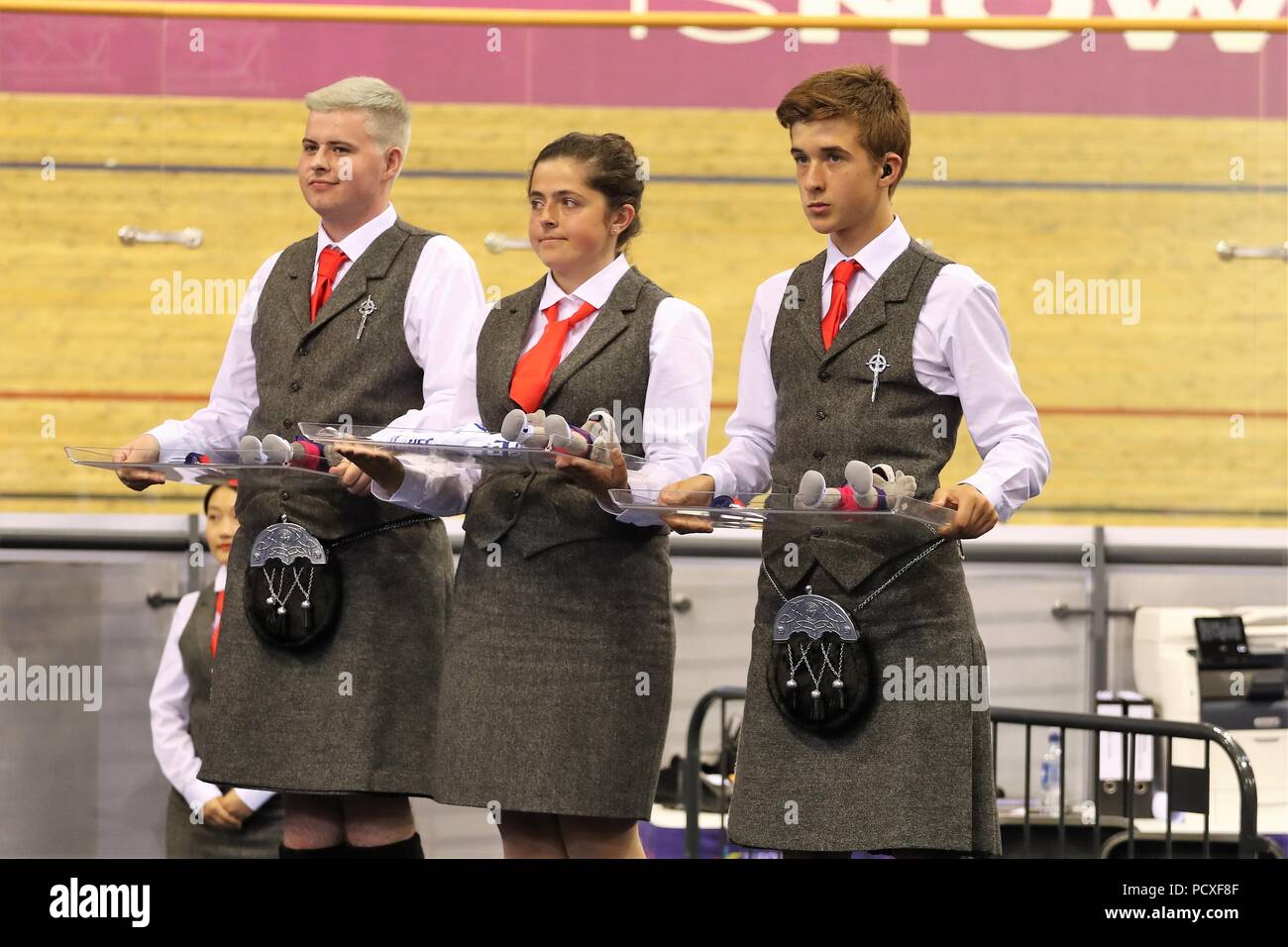 Glasgow, Regno Unito. 04 Ago, 2018. Premiazione in kilt durante il ciclismo su pista Campionati Europei Glasgow 2018, a Sir Chris Hoy Velodromo, a Glasgow in Gran Bretagna, il giorno 3, il 4 agosto 2018 - Photo Laurent lairys / DPPI Credito: Laurent Lairys/Agence Locevaphotos/Alamy Live News Foto Stock