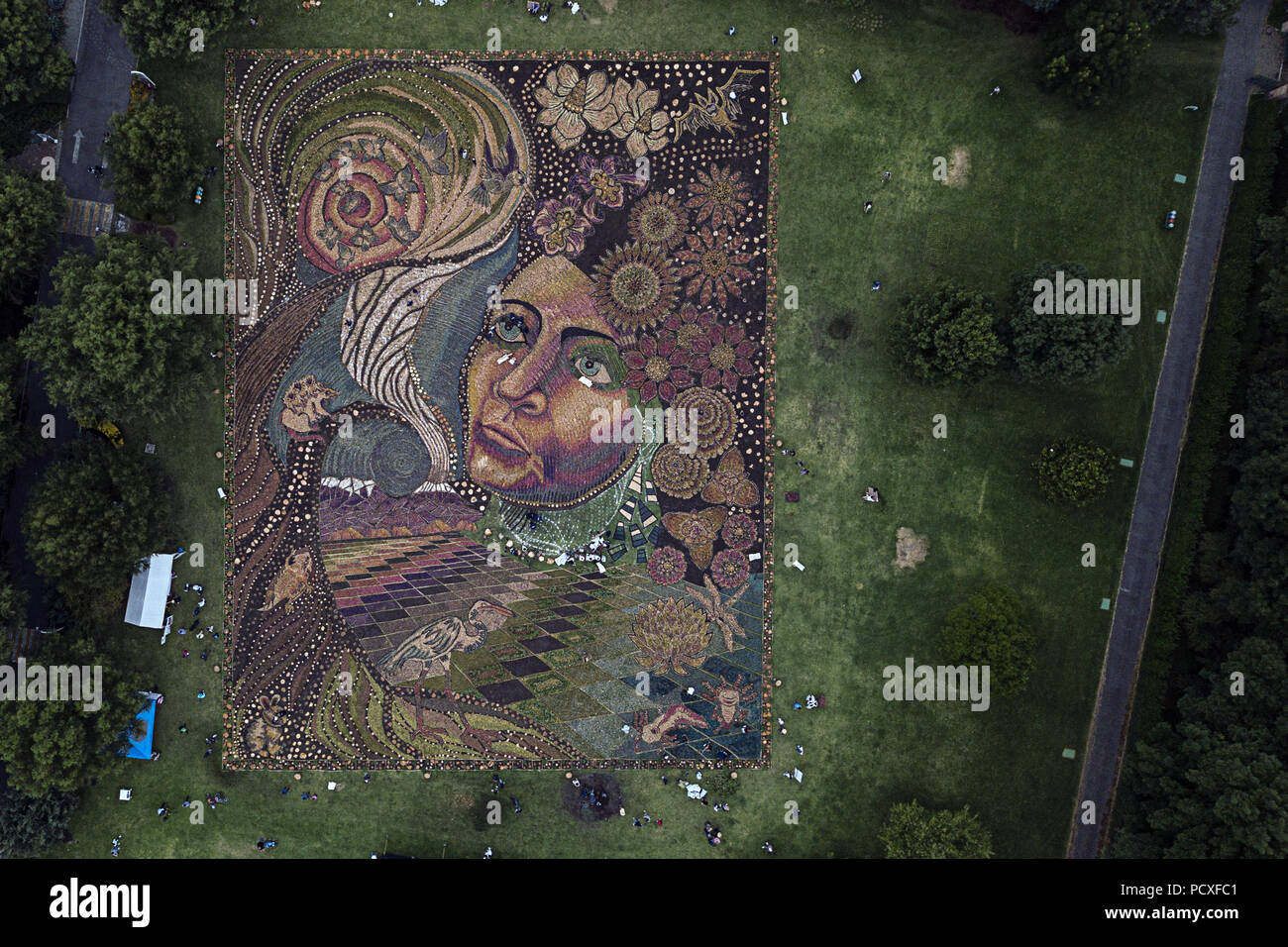 Tepotzotlan, Messico. Il 4° agosto 2018. Le persone fanno un 2.500 mq di tappeto di fiori durante la fiera dei fiori 2018 in Tepotzotlan, Messico, su Agosto 4, 2018. Credito: Miguel Tovar/Xinhua/Alamy Live News Foto Stock