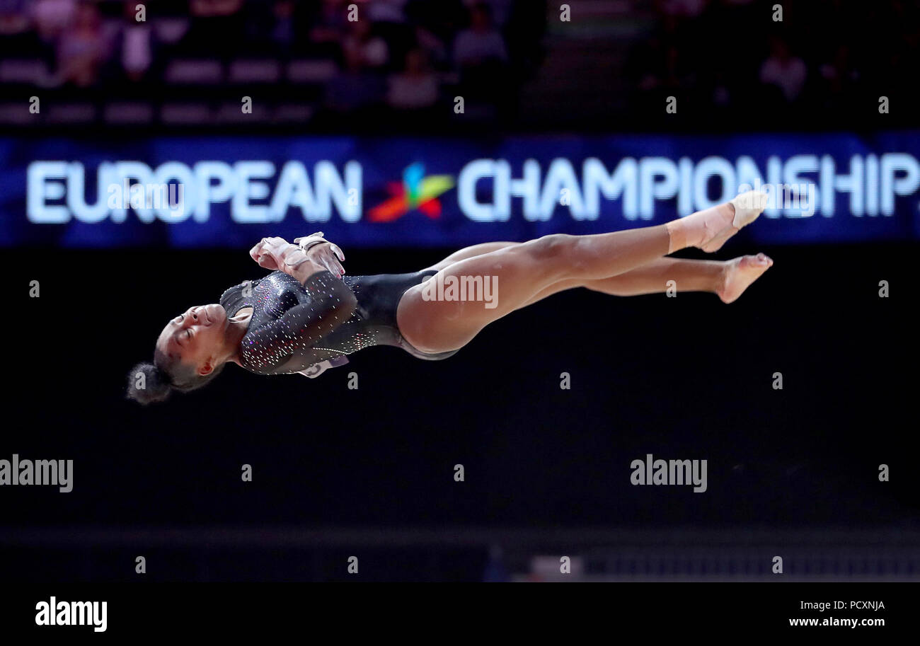 Gran Bretagna Taeja James sul pavimento durante il giorno tre del 2018 Campionati Europei al SSE idro, Glasgow. Foto Stock