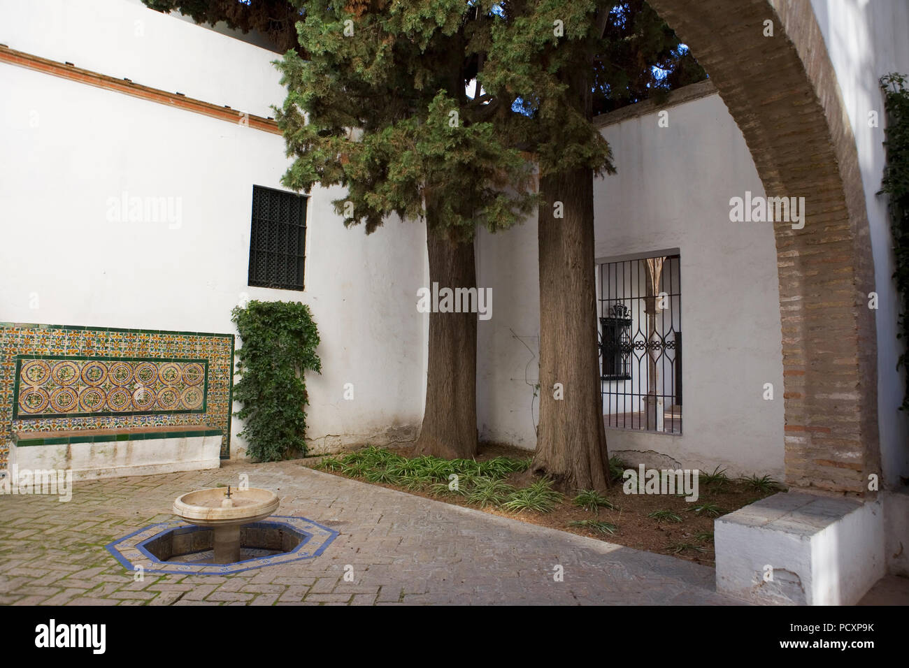 Un angolo tranquillo: Patio de los Mareantes, Cuarto del Asistente, Alcazar, Sevilla, Andalusia, Spagna Foto Stock