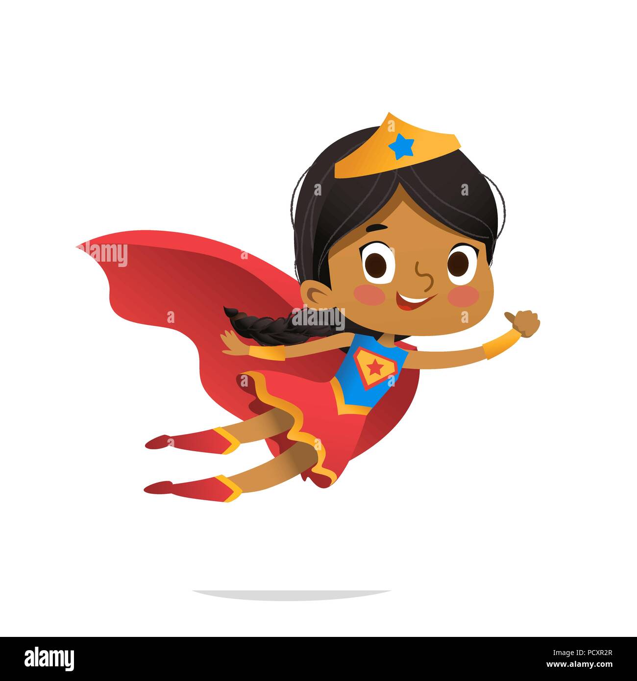 Flying ragazza afro-americano indossando variopinti costumi di superheroe, isolato su sfondo bianco. Cartoon caratteri vettoriali di capretto supereroi, per party, inviti, web, mascotte Illustrazione Vettoriale
