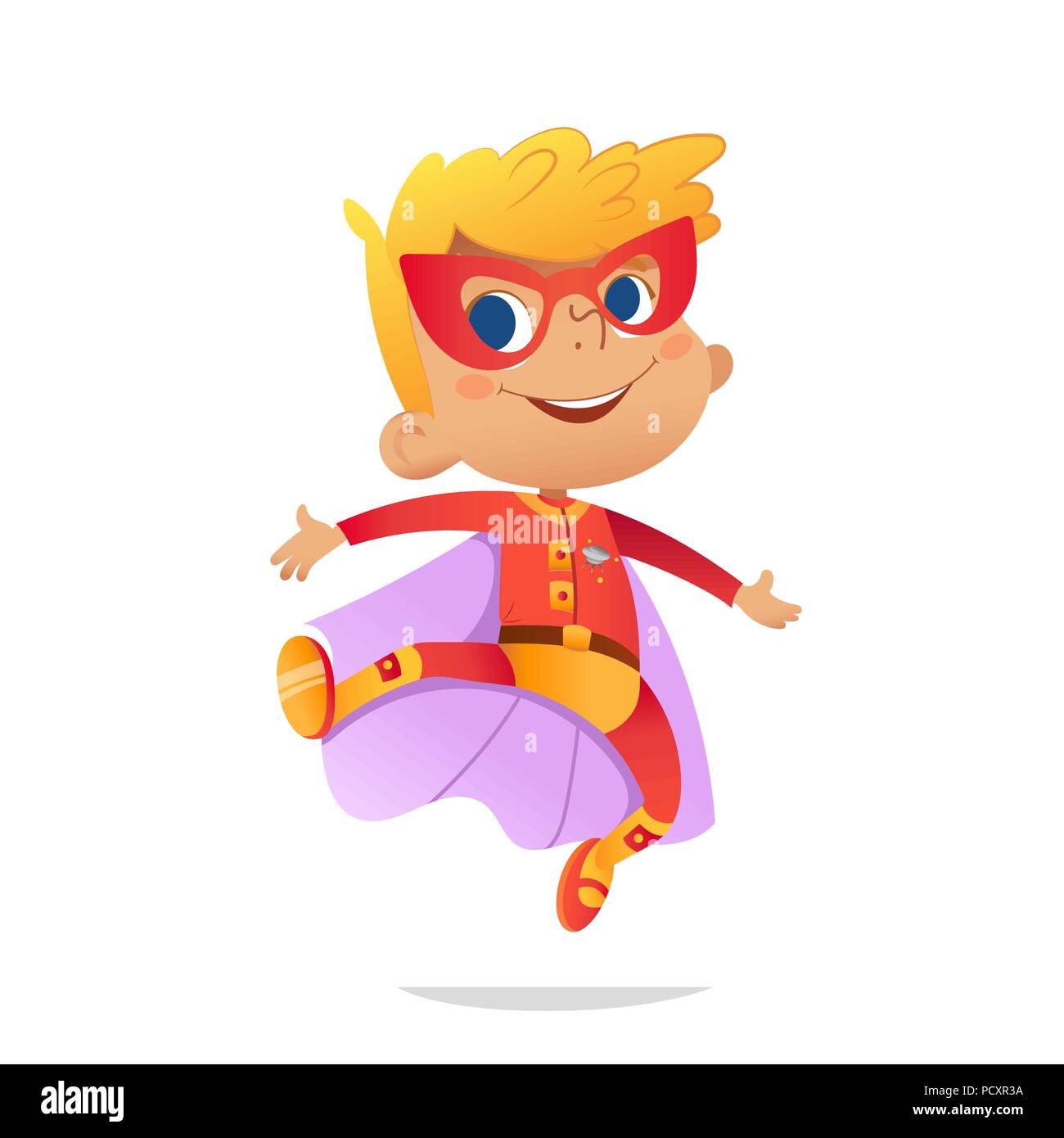 Dancing Boy indossando costumi colorati di superheroe, isolato su sfondo bianco. Cartoon caratteri vettoriali di capretto supereroi, per party, inviti, web, mascotte Illustrazione Vettoriale