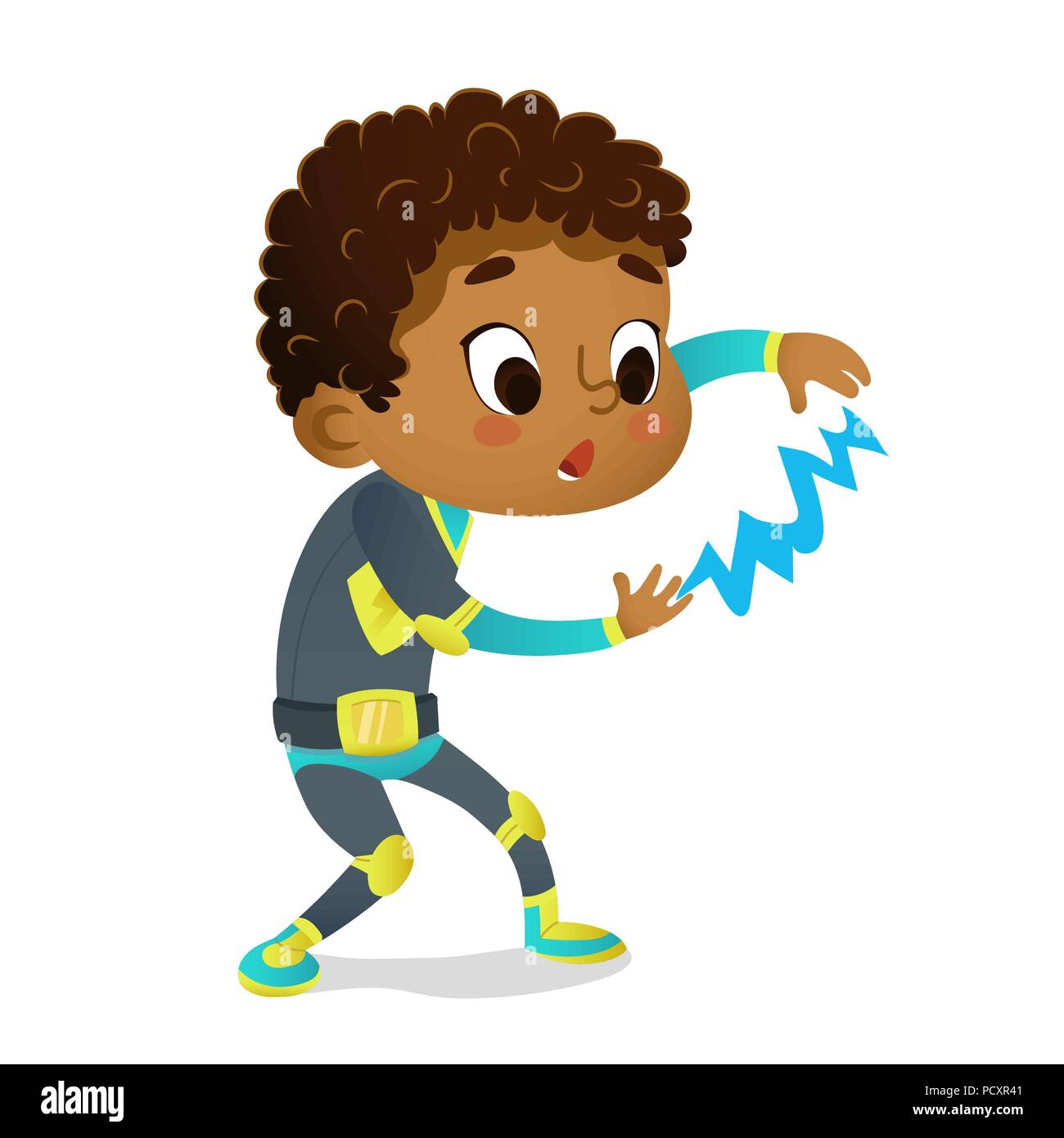 Sorpreso il ragazzo afro-americano di indossare il costume colorato di supereroe giocando con i fulmini, isolato su sfondo bianco. Cartoon caratteri vettoriali di capretto supereroi, party, inviti, web, mascotte Illustrazione Vettoriale